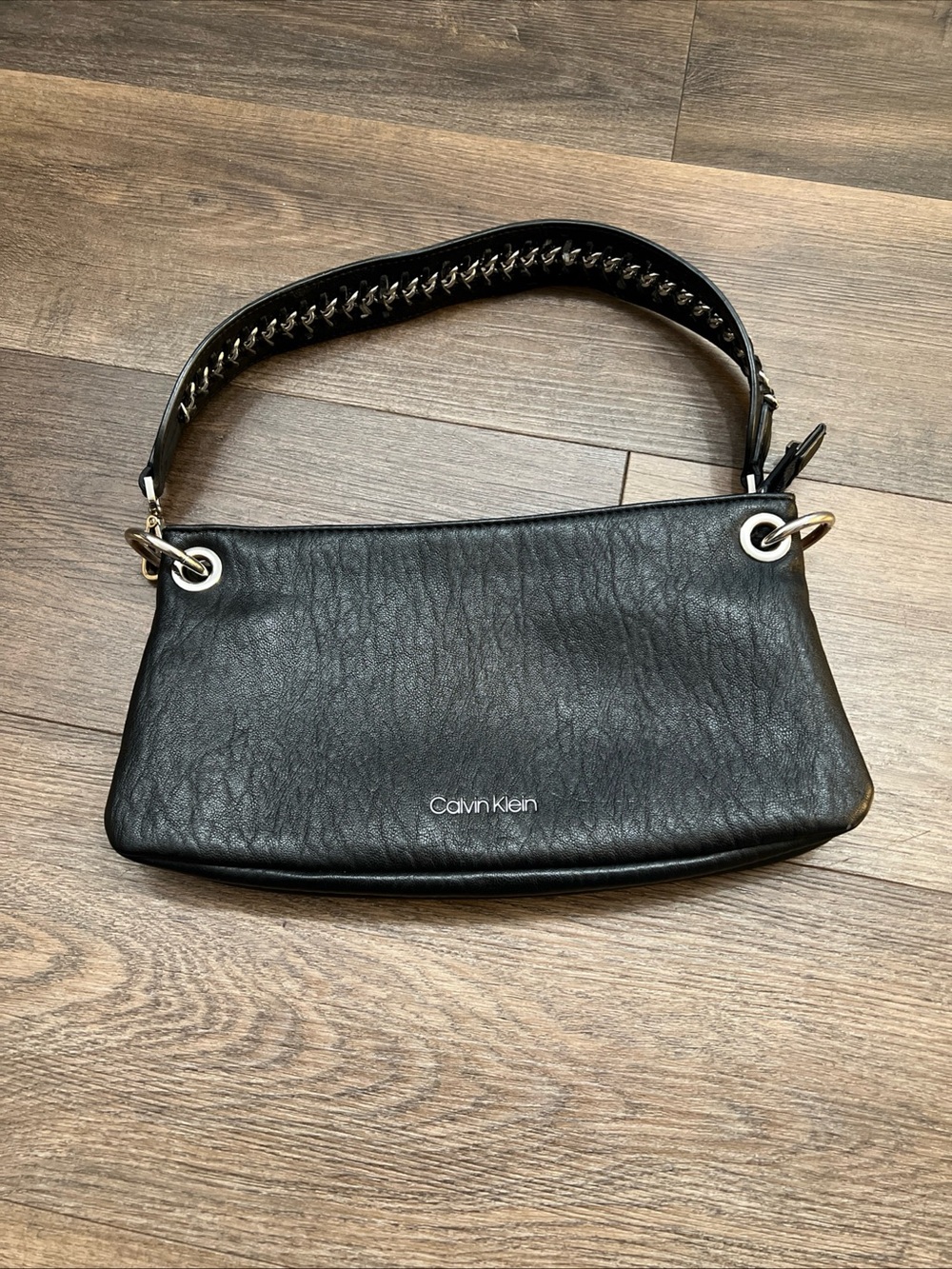 Calvin Klein Black Leather Shoulder Clutch with Chain-Trim Strap